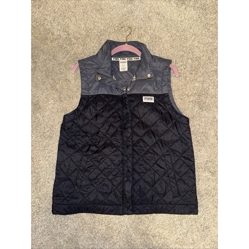 VS PINK Vest spellout Neck Nano Puff Diamond Quilt Gray Black Women’s Medium